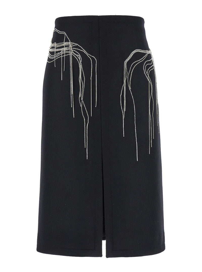 Dries Van Noten Women 'Shelda' Black Midi Skirt With Maxi Beaded Embellishments In Wool Blend Woman