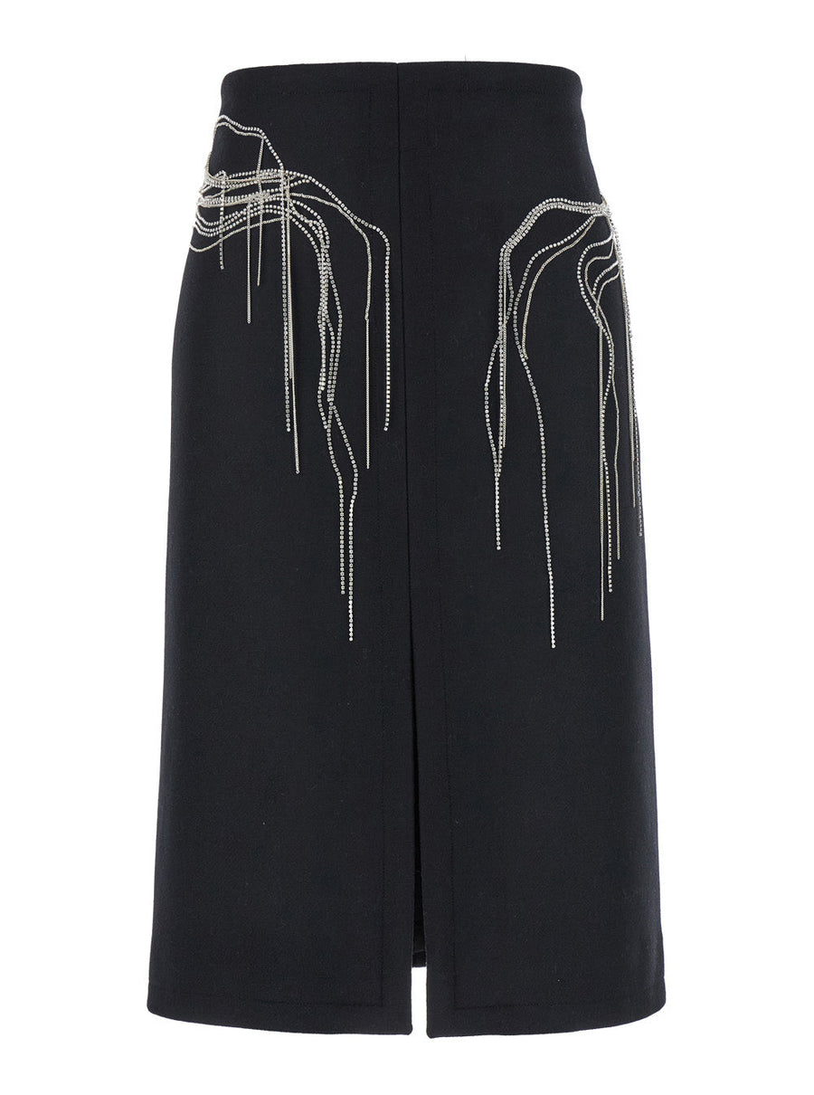 Dries Van Noten Women 'Shelda' Black Midi Skirt With Maxi Beaded Embellishments In Wool Blend Woman