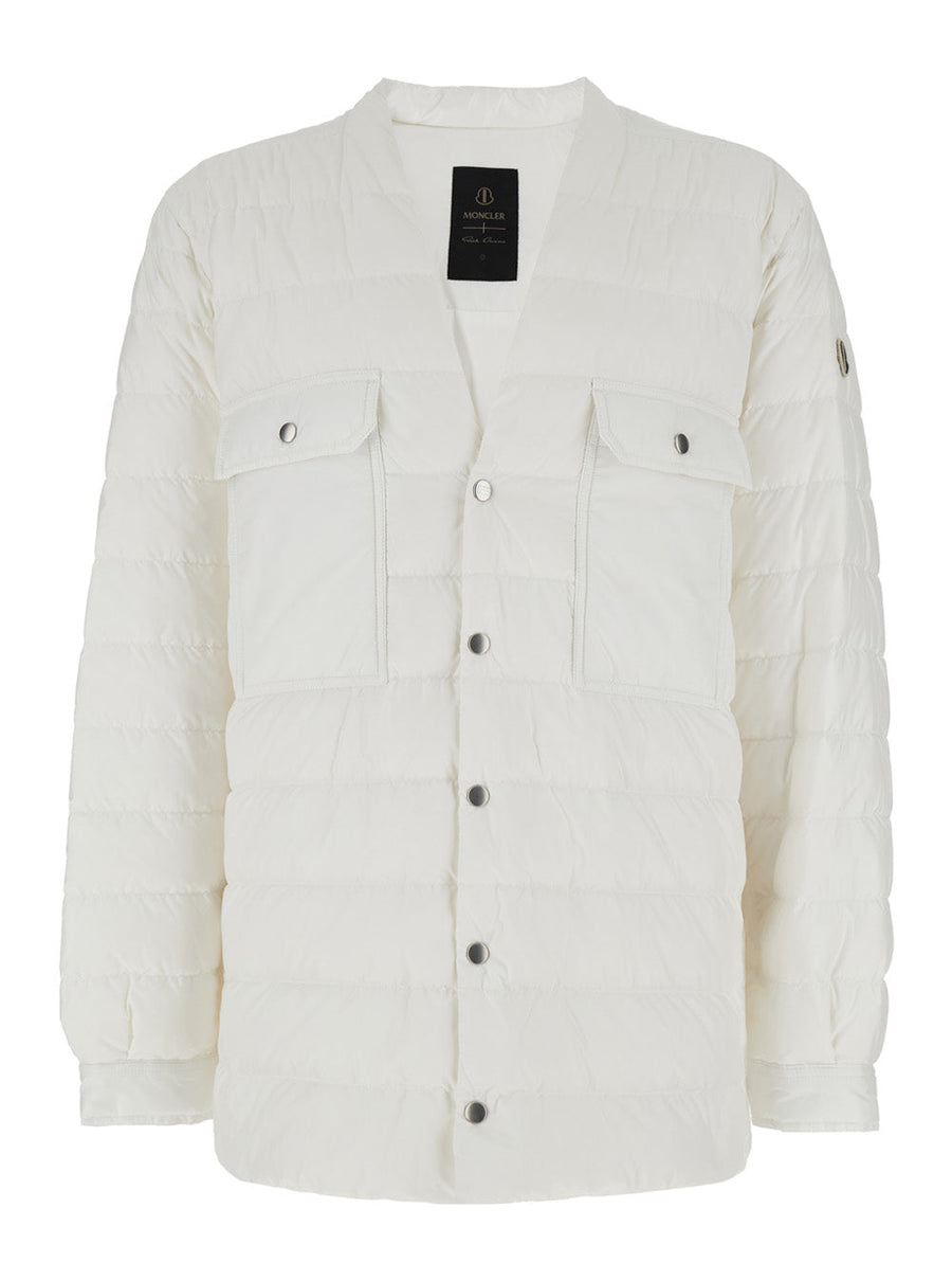 Rick Owens X Moncler Men White Down Jacket With Logo Patch On The Sleeve And Snap Buttons In Tech Fabric Man
